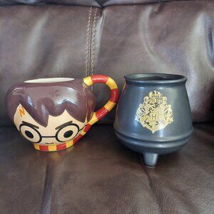 2 Harry Potter Ceramic 3D Face Figural Coffee Mug & Hufflepuff Cauldron EUC